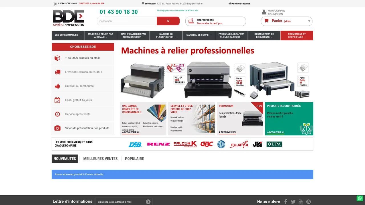 Aperçu du site BDE, machines et consommables pour la reliure, la plastification et la reprographie