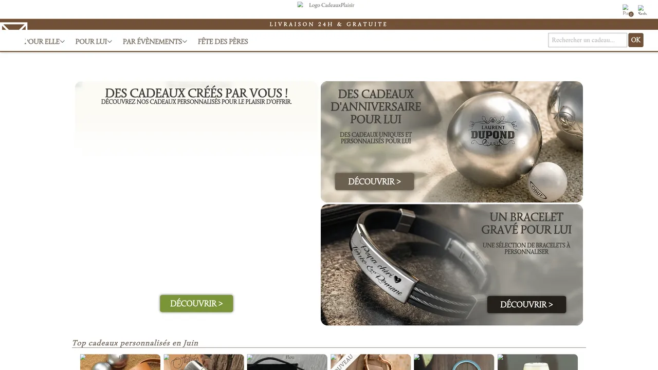 Aperçu du site CadeauxPlaisir.com, la boutique des cadeaux à personnaliser