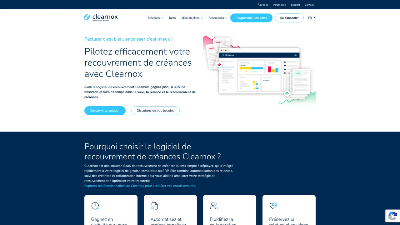 Aperçu du site Clearnox, la solution pour le recouvrement des créances clients