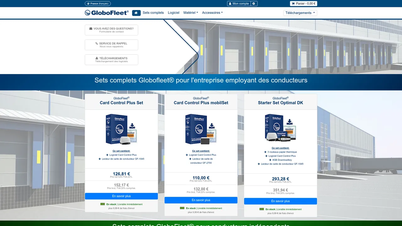 Aperçu du site GloboFleet: Logiciels et matériel pour chronotachygraphe numérique.