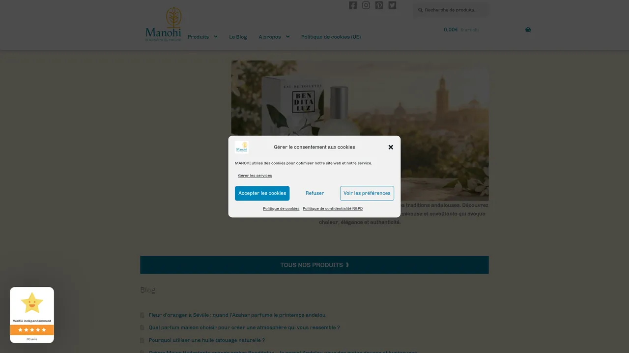 Aperçu du site Manohi : sosmétique bio et produits de soins naturels