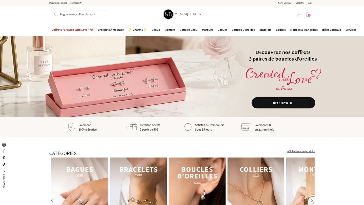 Aperçu du site Mes-bijoux.fr : Bijoux et Montres Tendance à petit prix.