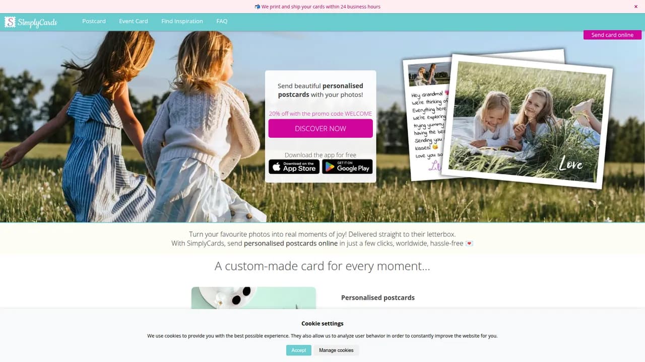 Aperçu du site SimplyCards : créez et envoyez vos cartes postales personnalisées