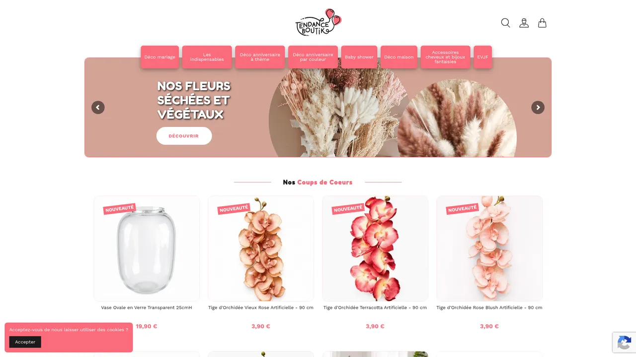 Screenshot de Tendance Boutik : vente de décoration d’anniversaire et de mariage à la mode