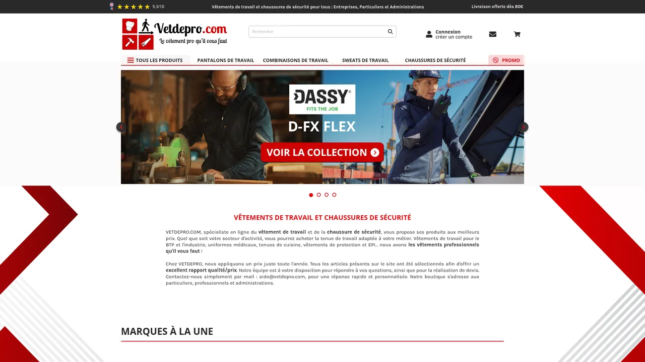 Screenshot de VETDEPRO : vente en ligne de vêtements professionnels et chaussures de sécurité