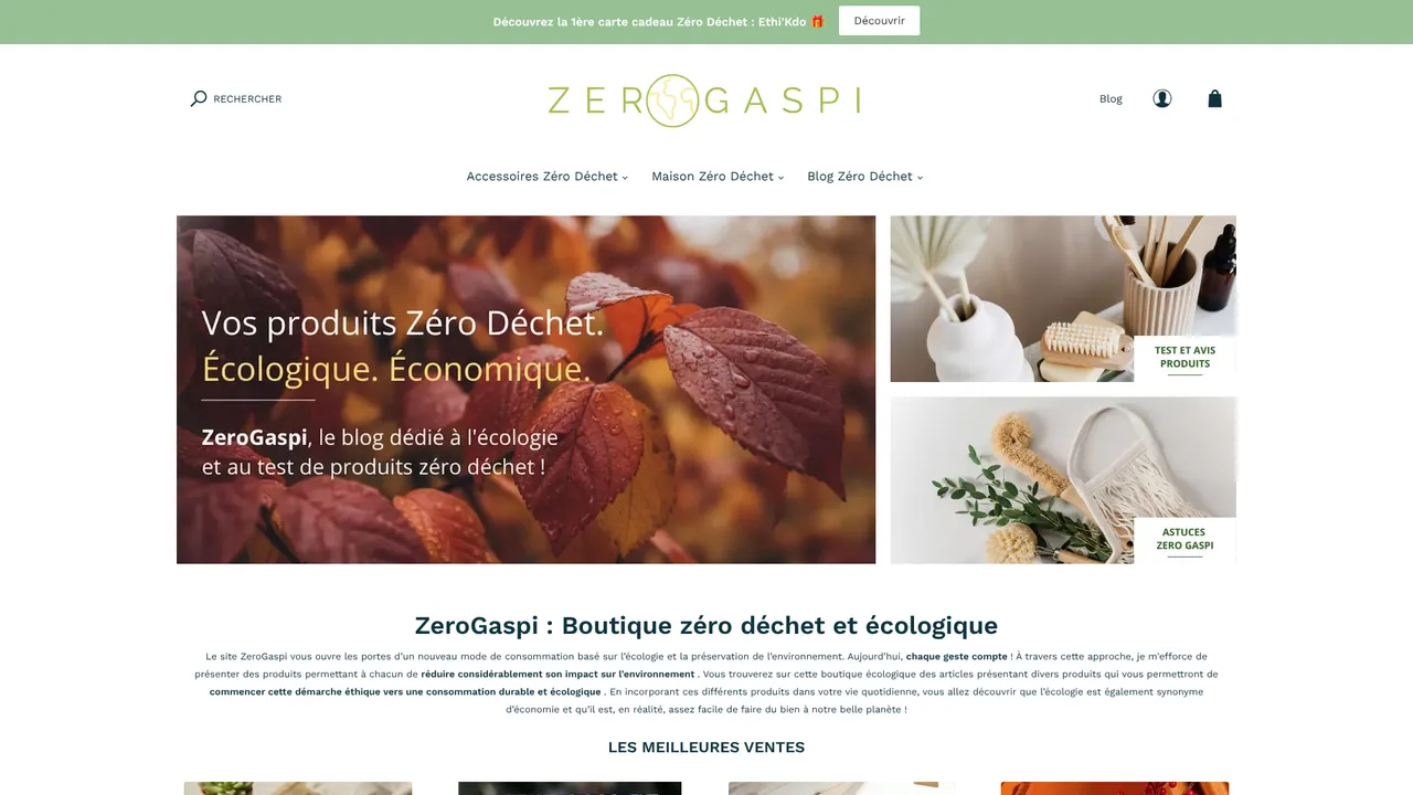 Aperçu du site ZeroGaspi : Boutique en ligne zéro déchet et écologique