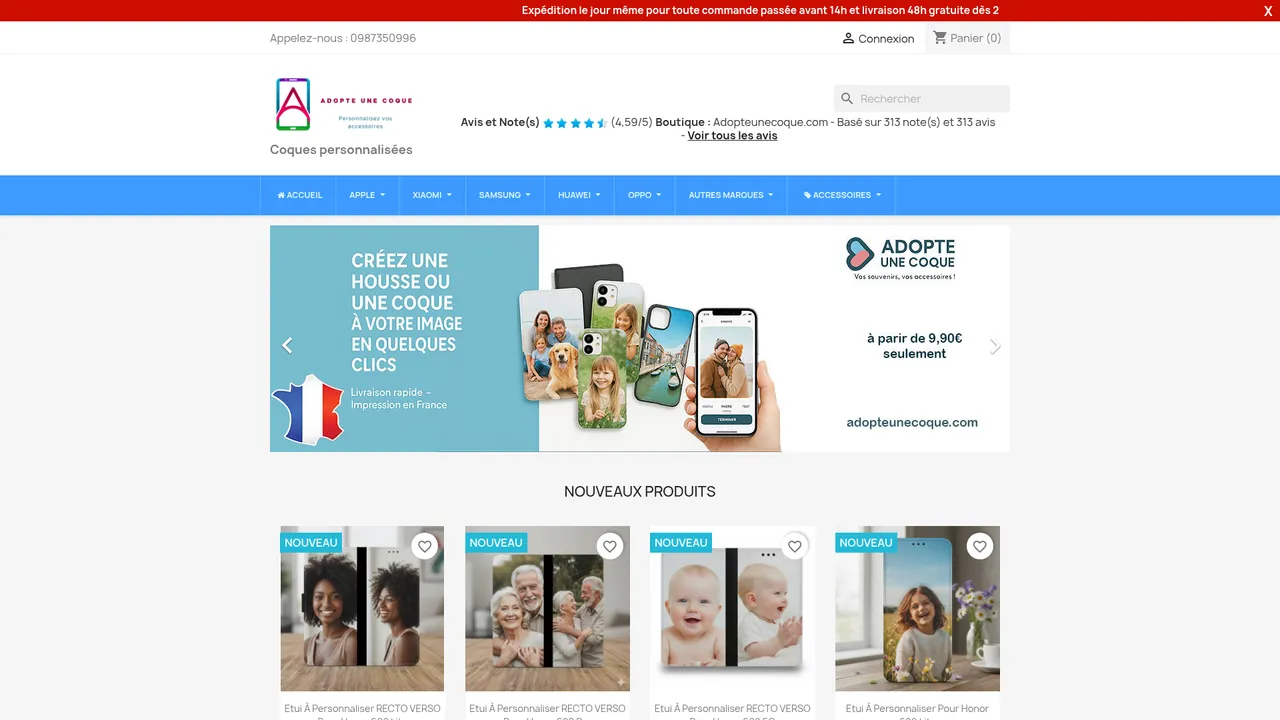 Aperçu du site AdopteUneCoque.com, le spécialiste des accessoires mobiles