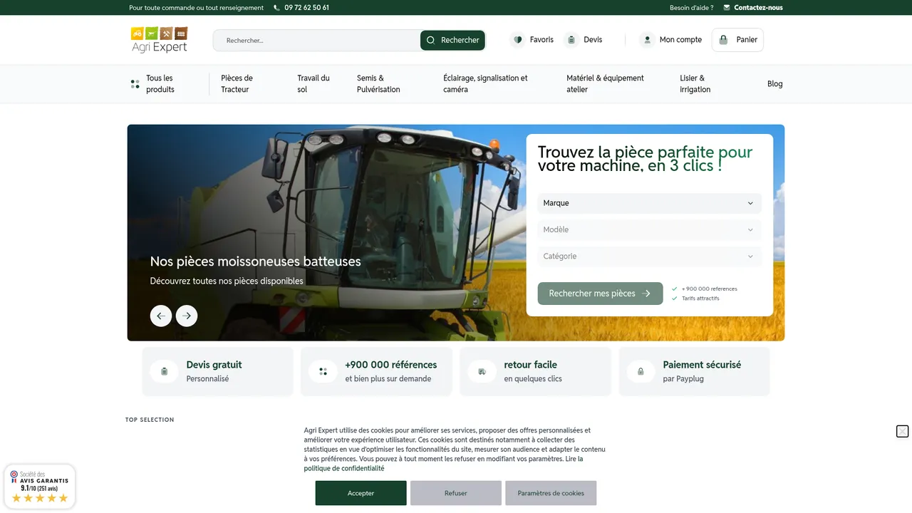Aperçu du site Agri-Expert : Vente en ligne de pièces détachées agricoles