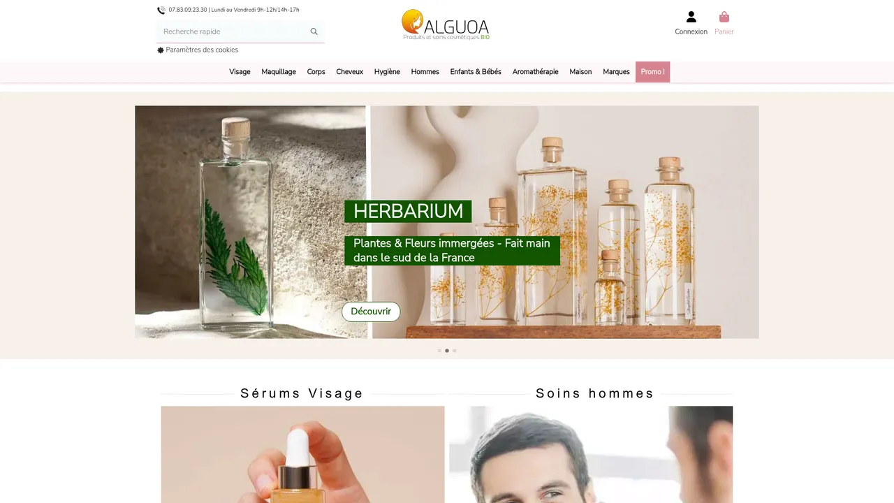 Aperçu du site Alguoa : cosmétiques Bio, bien-être, compléments alimentaires naturels