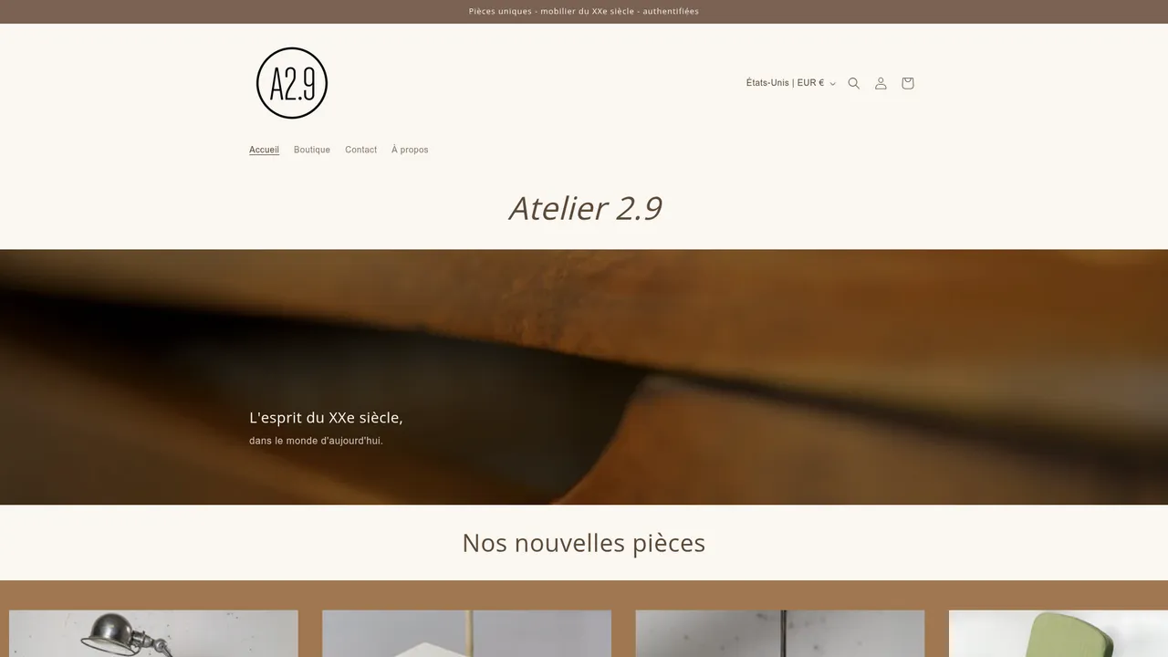 Aperçu du site Atelier 2.9 | Mobilier vintage restauré du XXe siècle