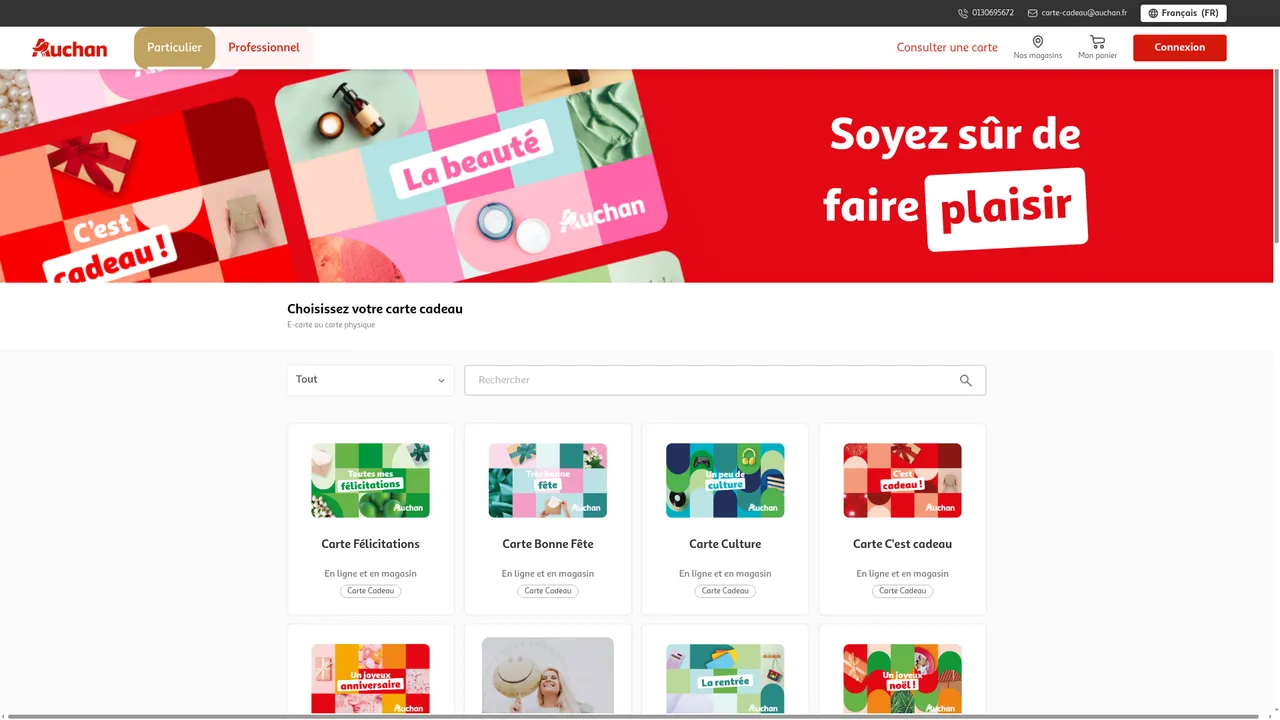 Aperçu du site Auchan Carte cadeau