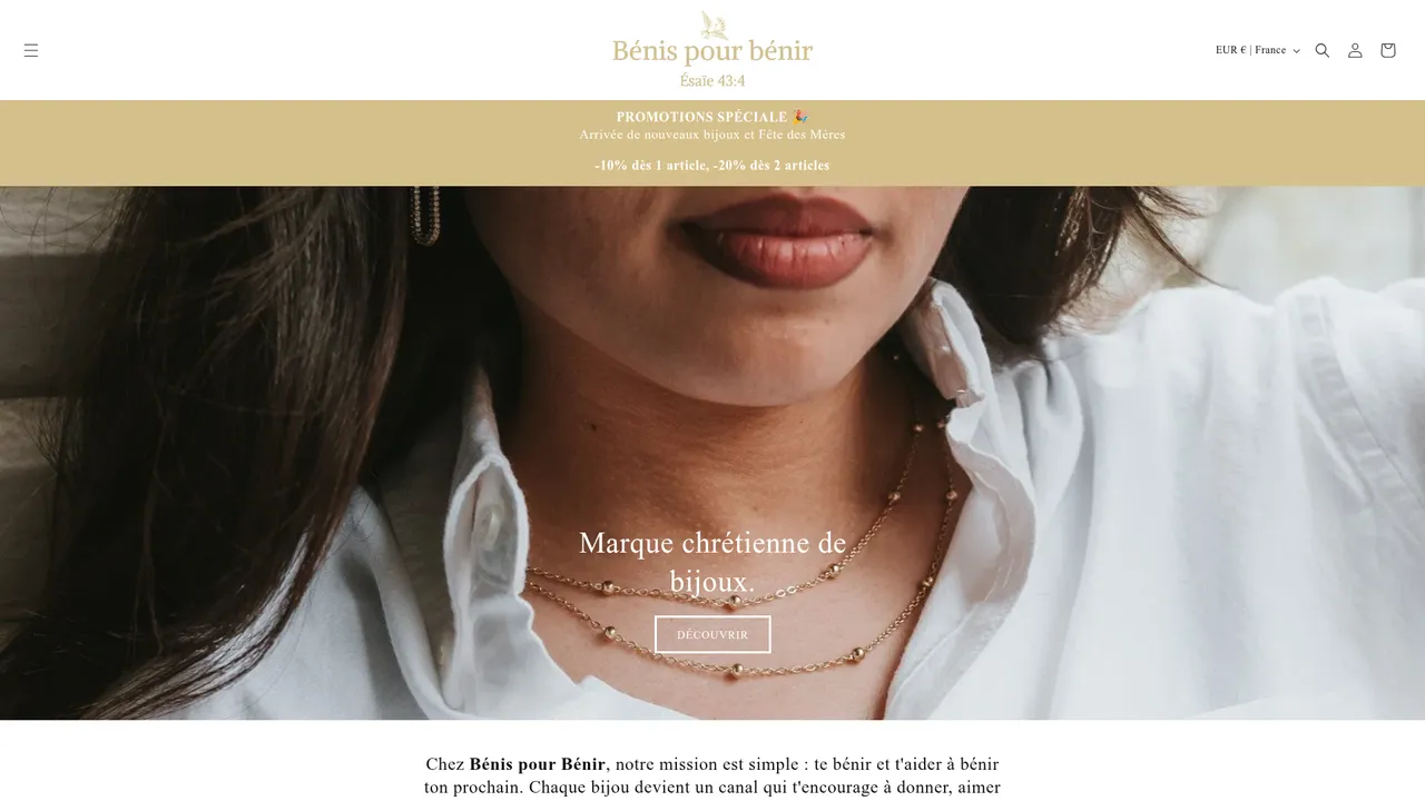 Screenshot de Bénis pour bénir - Marque chrétienne de bijoux inspirée par la foi