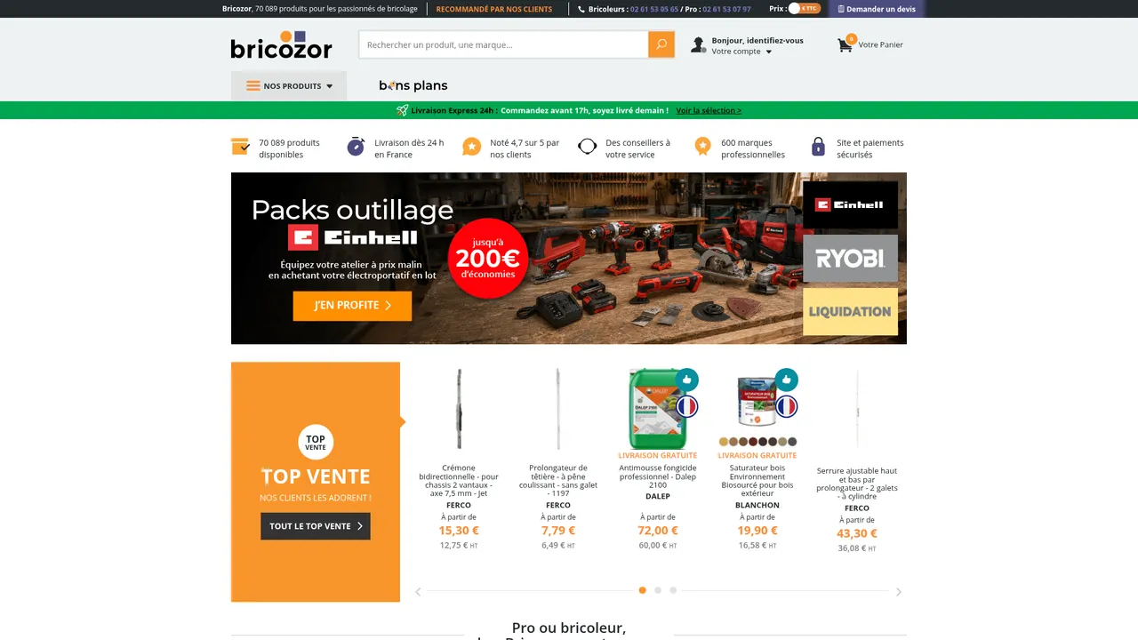 Aperçu du site Bricozor, le spécialiste bricolage et quincaillerie