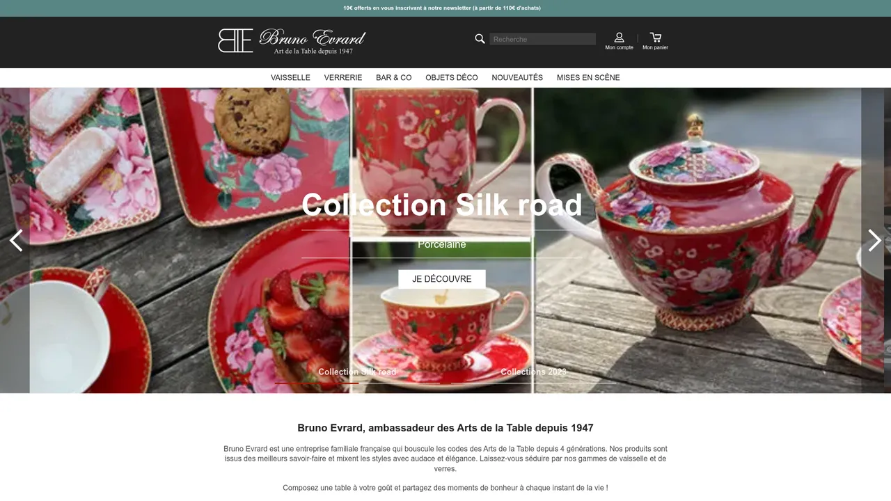 Aperçu du site Bruno Evrard : vaisselle, assiettes, verres à vin, arts de la table