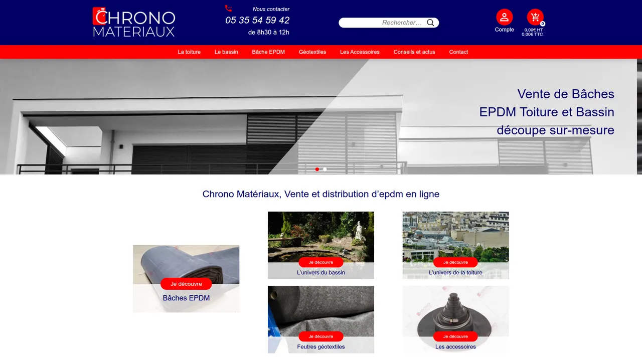 Aperçu du site Chrono Matériaux vente d'EPDM en ligne