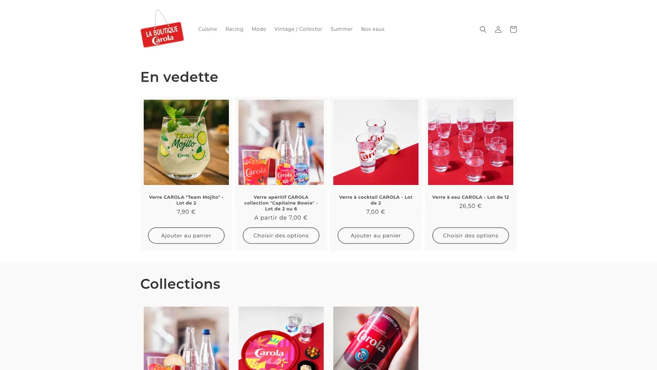 Screenshot de Découvrez la Boutique Carola : Verres, Goodies, Transats, Chapeaux...