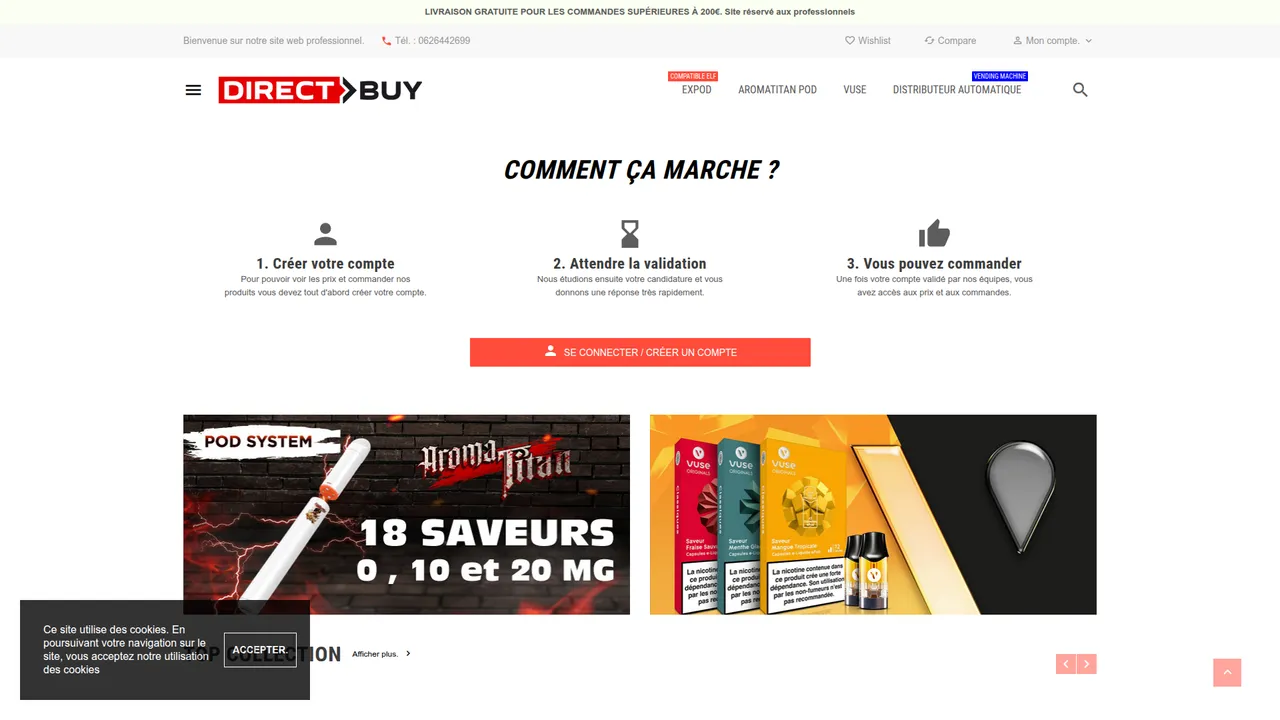 Aperçu du site Directbuy : spécialiste en matériels e-cigarette