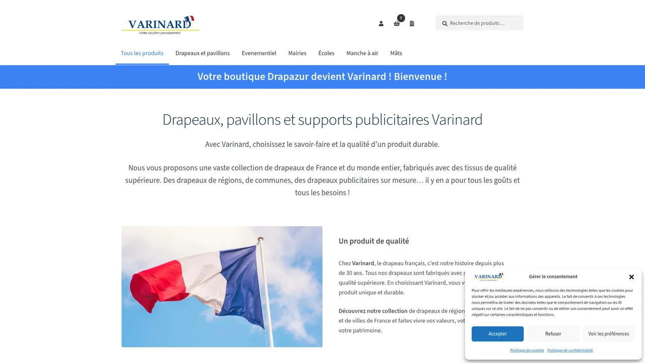 Aperçu du site Drapazur, vente en ligne drapeau du Monde, régions francaises et pays Monde