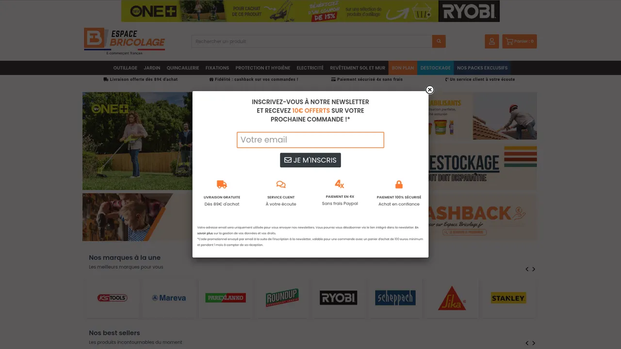 Aperçu du site Espace-Bricolage, le spécialiste de la vente d'outils en ligne