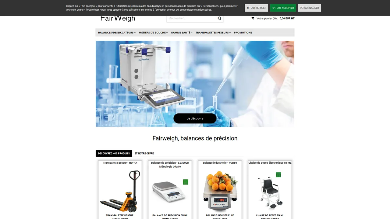 Aperçu du site Fairweigh, balances et matériel de pesage professionnel