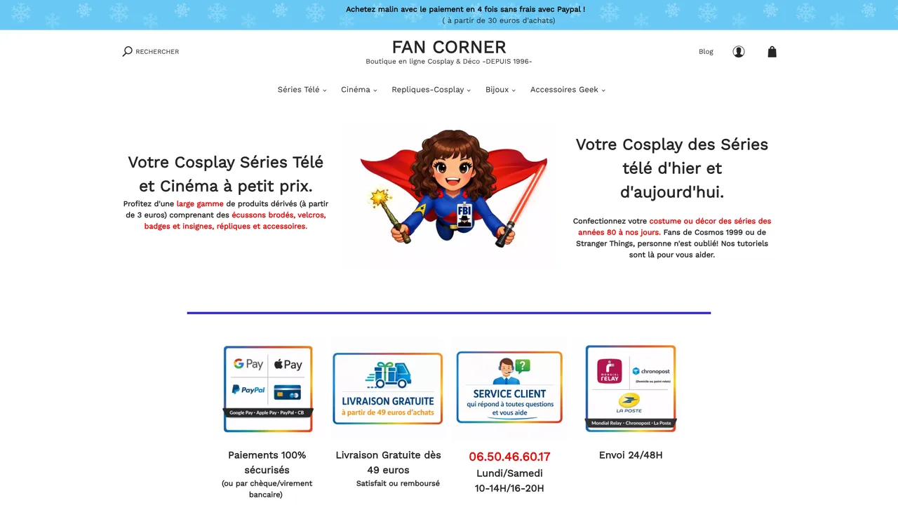 Aperçu du site Fan-Corner, produits dérivés des séries télé et du cinéma