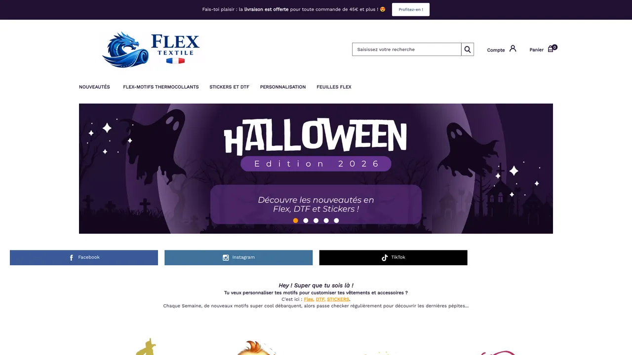 Aperçu du site Flex Textile : Motifs thermocollants, customisation