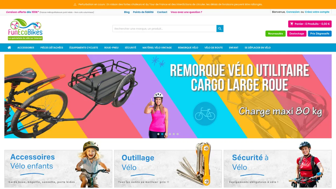 Aperçu du site Funecobikes, le spécialiste cycle et sport en plein air