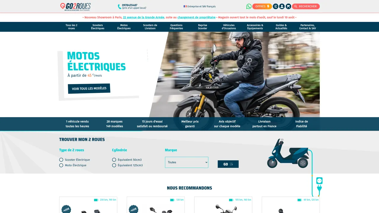 Aperçu du site Go2Roues : conduite électrique, scooters électriques, motos électriques