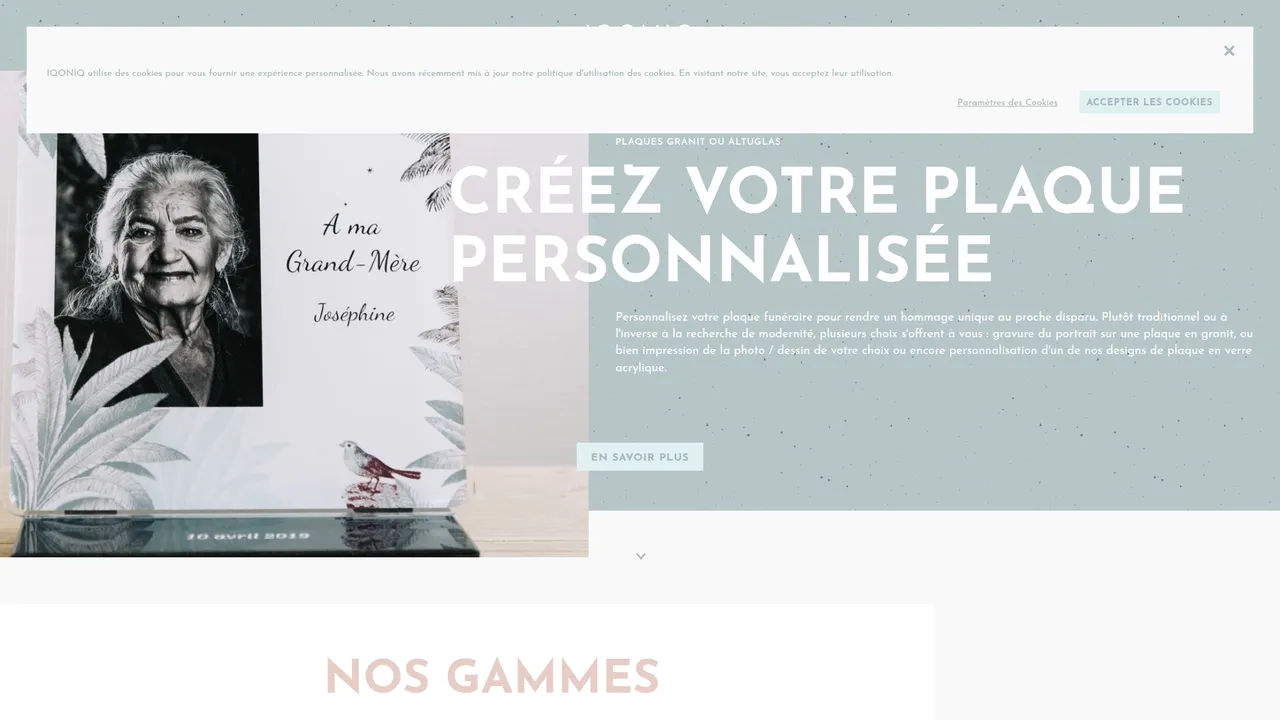 Aperçu du site IQONIQ : le spécialiste des plaques funéraires personnalisées