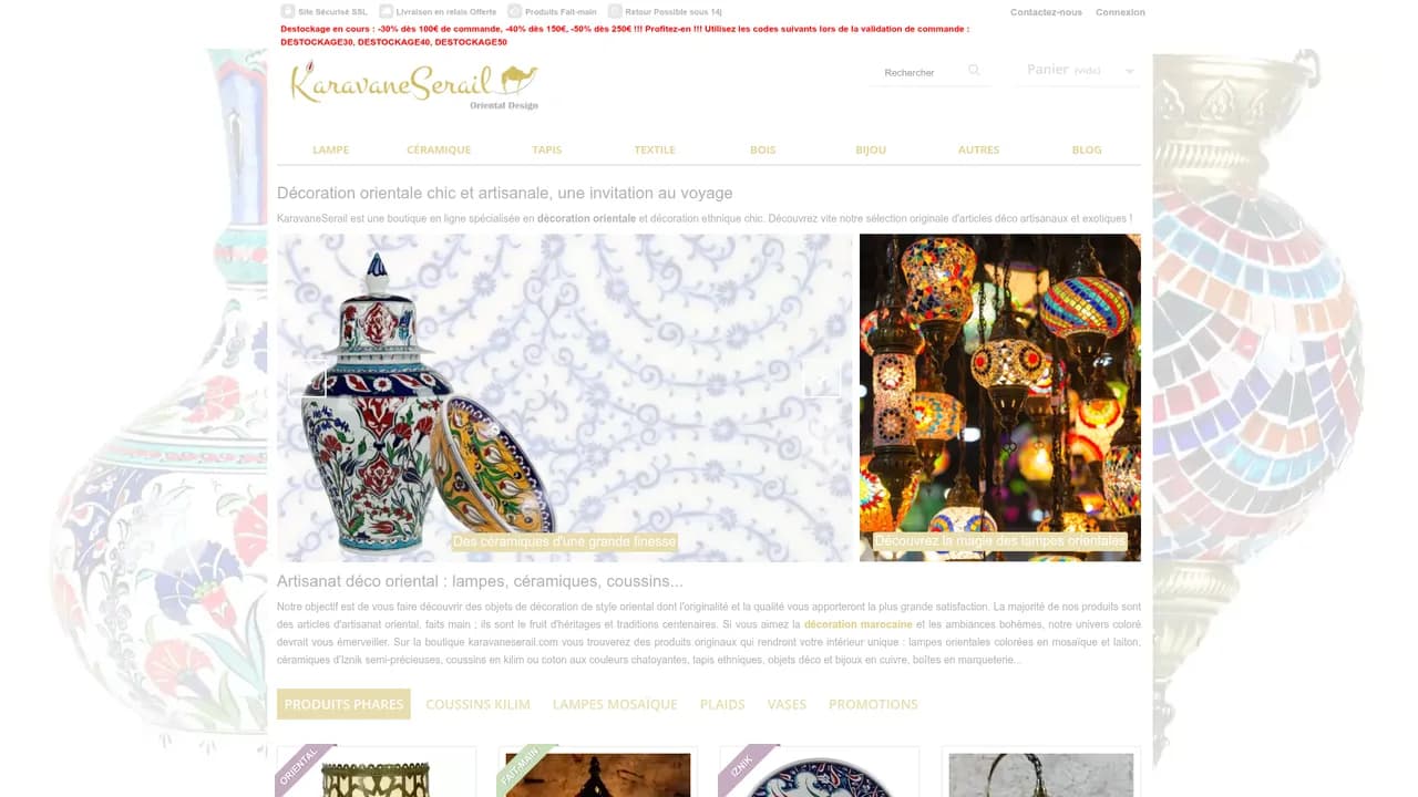 Aperçu du site Tapis kilim, céramique artisanale et luminaire oriental chez KaravaneSerail