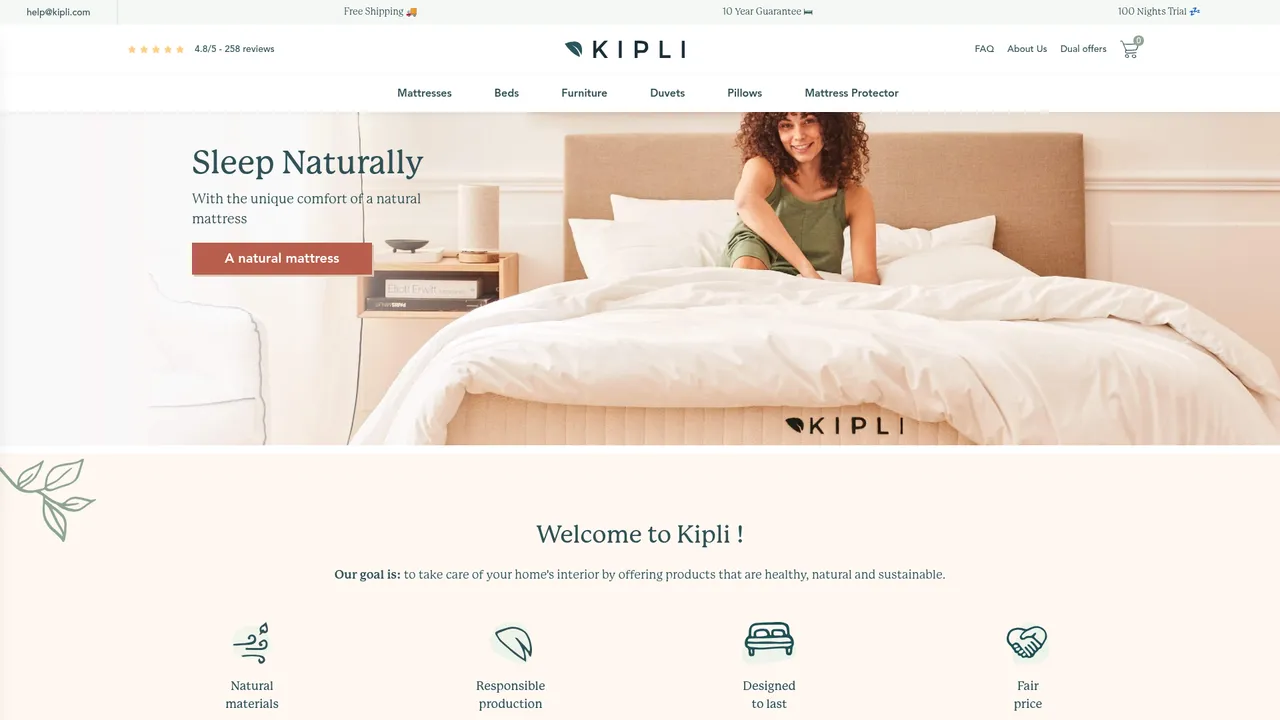Aperçu du site Kipli - Le matelas 100% naturel