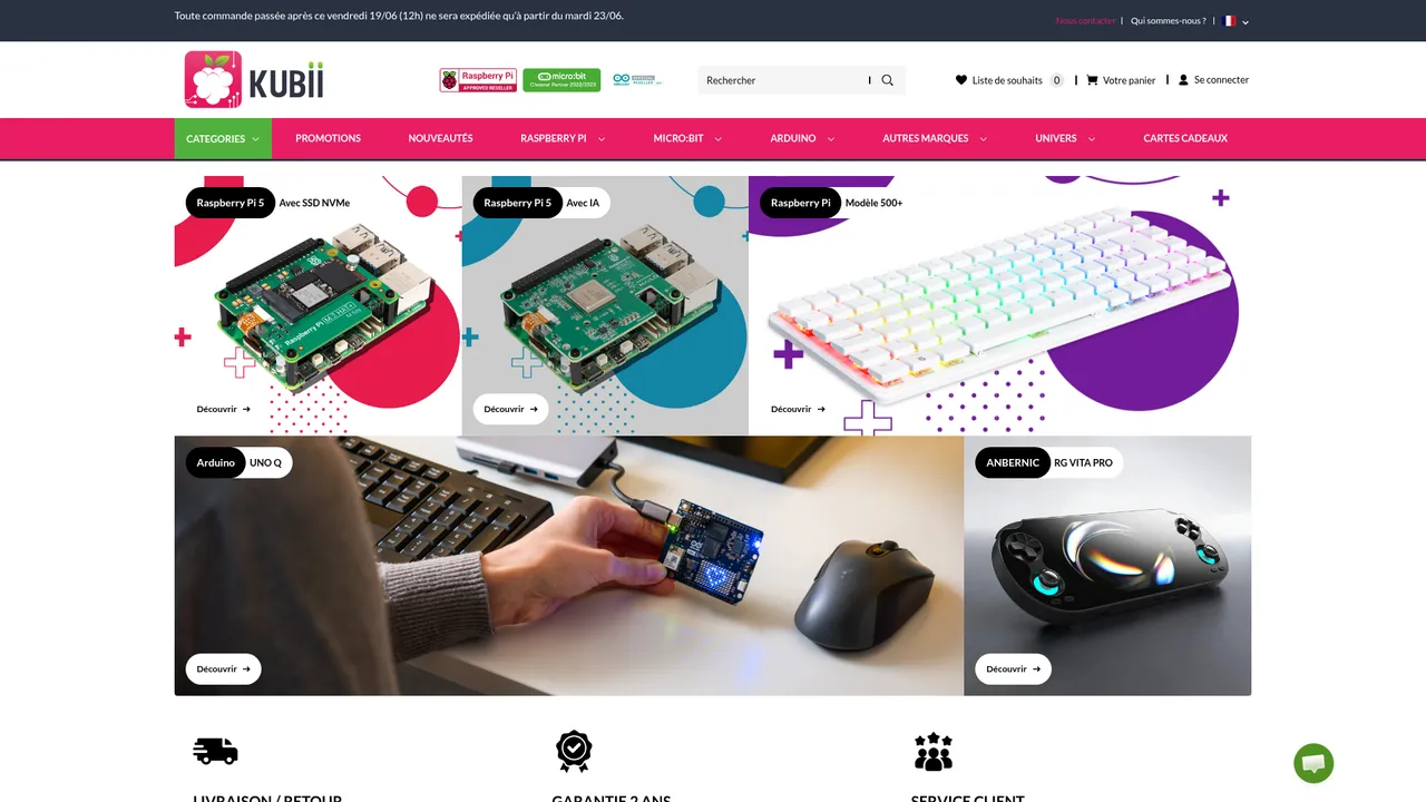 Aperçu du site Kubii, la boutique Raspberry PI en ligne