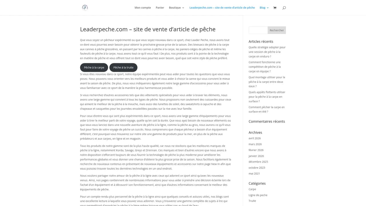 Aperçu du site Leaderpeche.com, le spécialiste de la pêche en ligne