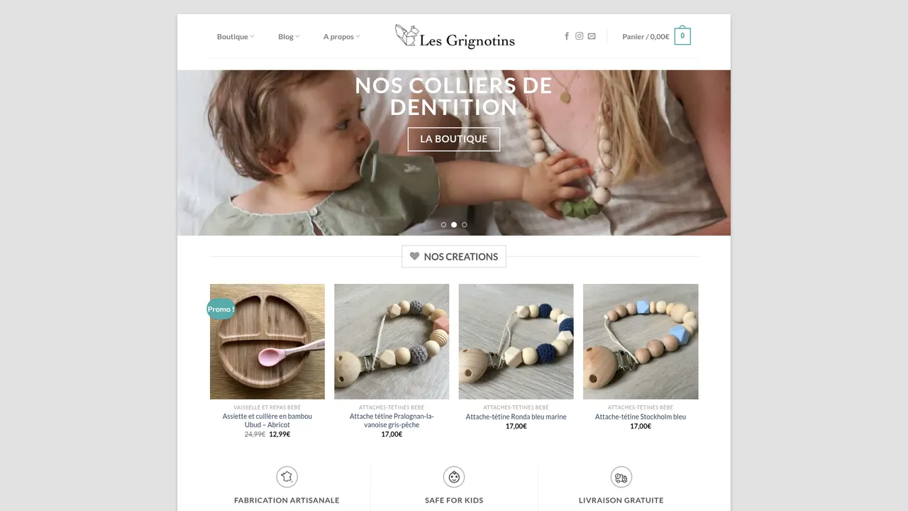 Aperçu du site Les Grignotins Attaches tétines, colliers et hochets de dentition