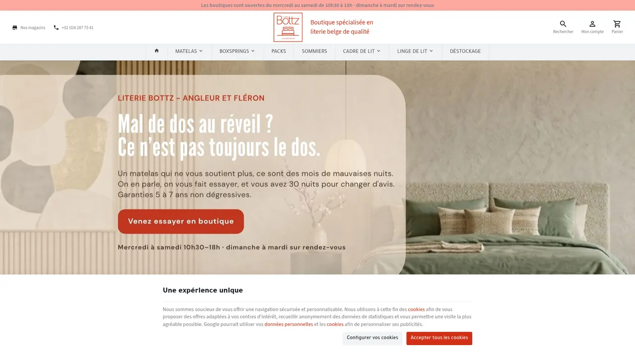 Aperçu du site Literie Bottz - Boutique spécialisée en literie belge de qualité