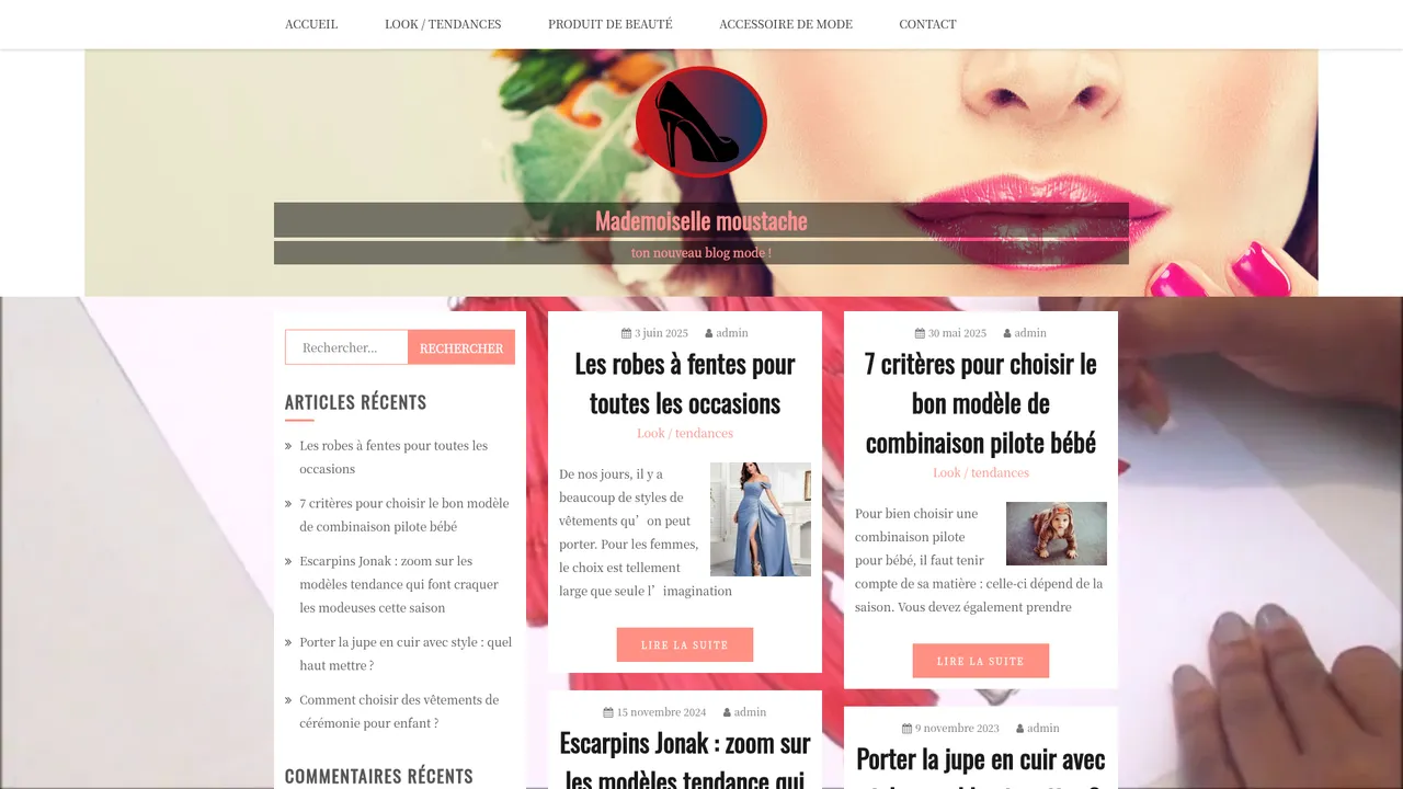 Aperçu du site MademoiselleMoustache.fr, E-boutique pour les petites demoiselles et les mecs moustachus