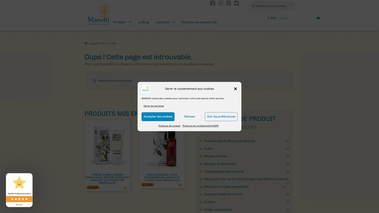 Aperçu du site Manohi : sosmétique bio et produits de soins naturels