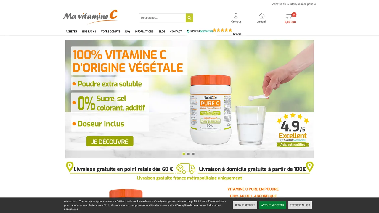 Aperçu du site MaVitamineC, boutique en ligne de vitamine C