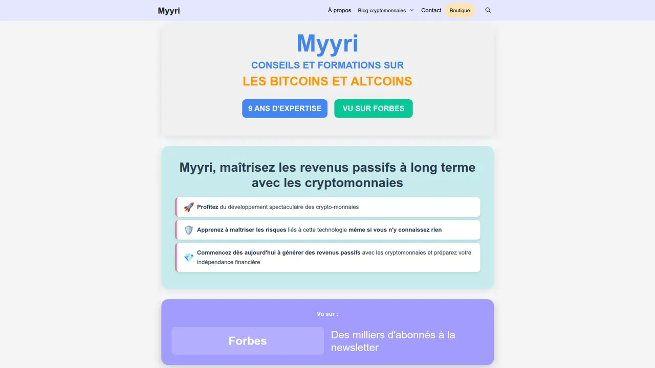 Aperçu du site Myyri, le site de conseils et de formations sur les masternodes et les crypto-monnaies