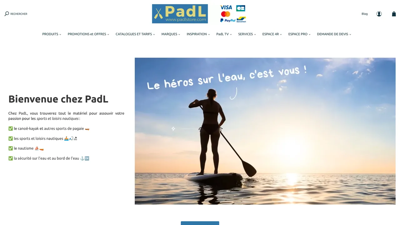 Aperçu du site PadLStore.com, le spécialiste des sports d'eau