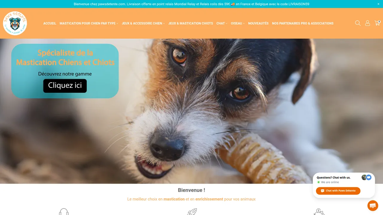 Aperçu du site Paws Détente : l'idéal pour l'enrichissement et le bien-être des animaux.