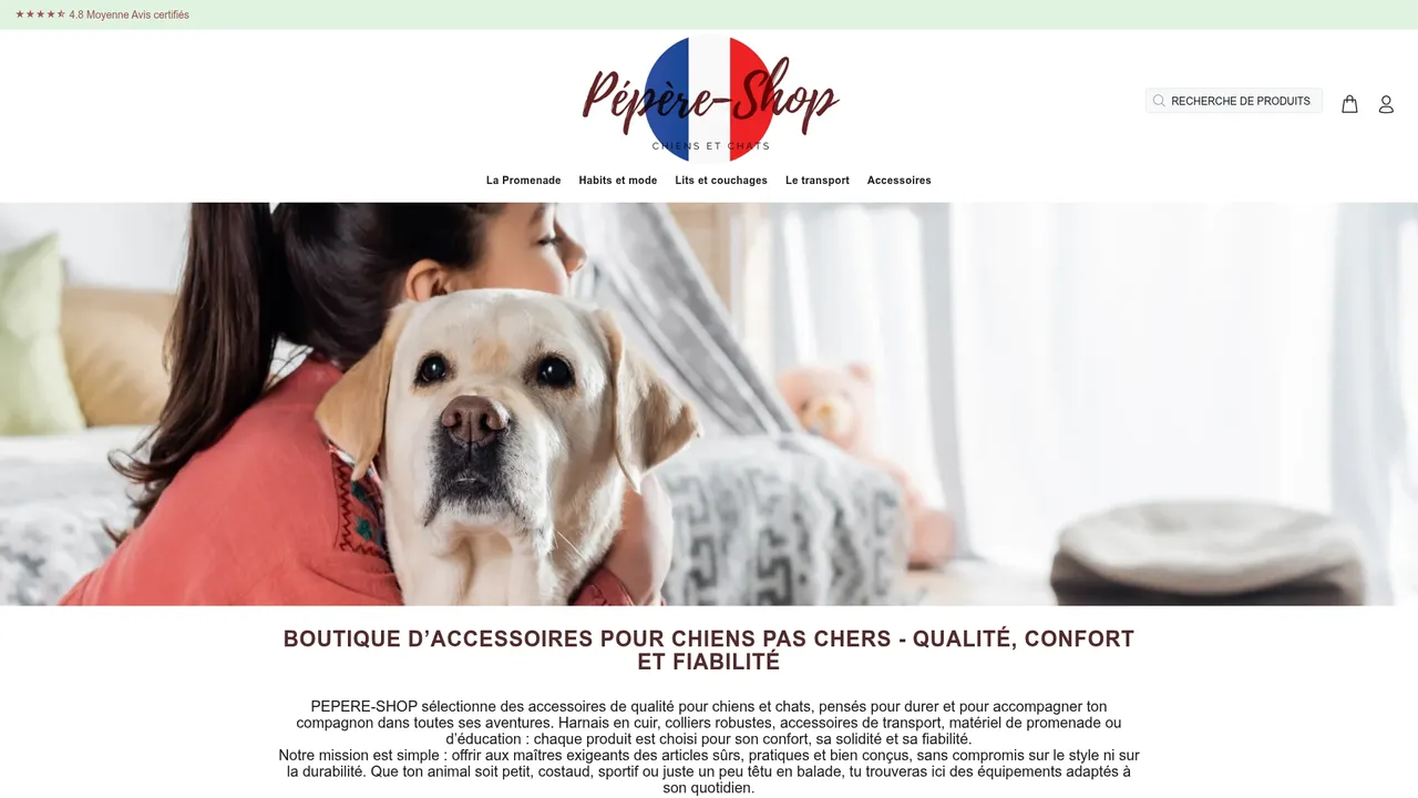 Aperçu du site PEPERE SHOP : accessoires pour chiens et chats