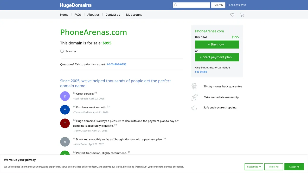 Aperçu du site PhoneArenas - Boutique en ligne de smartphones