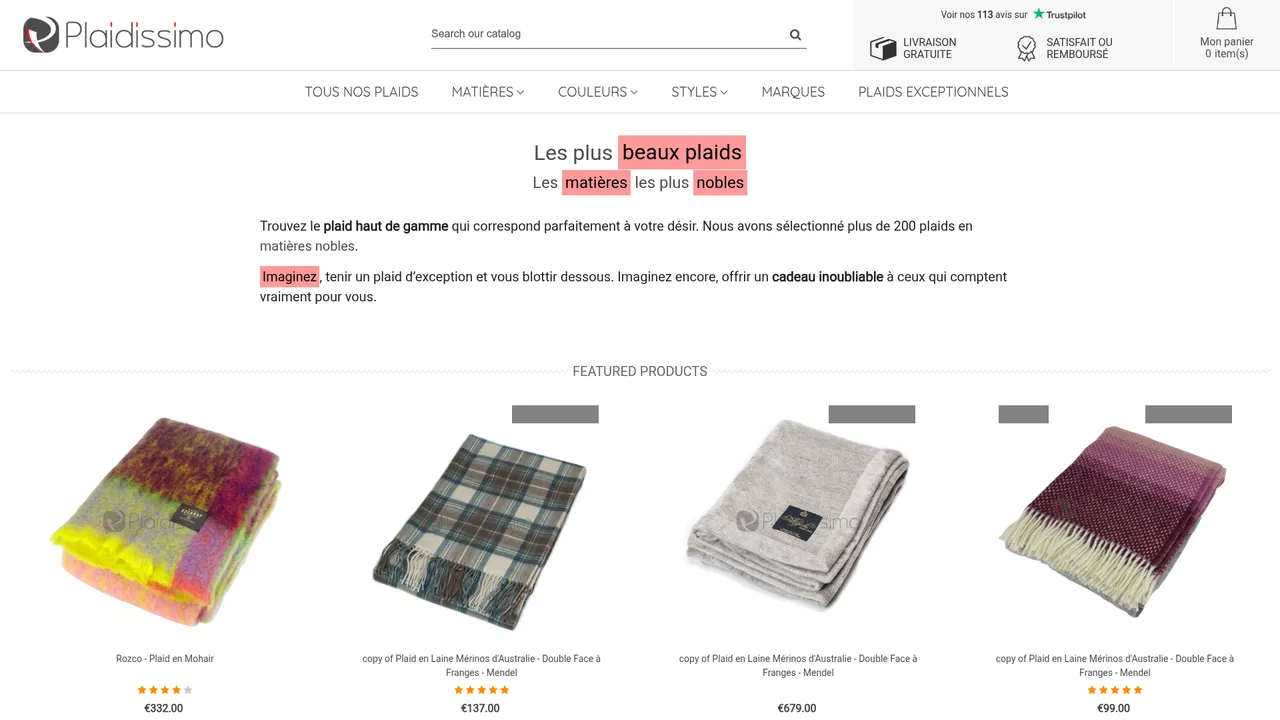 Aperçu du site Plaidissimo - Plaids Haut de Gamme de Qualité