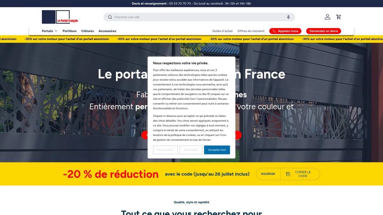Aperçu du site Portails en Aluminium Made in France - Coulissants, Battants, Clôtures