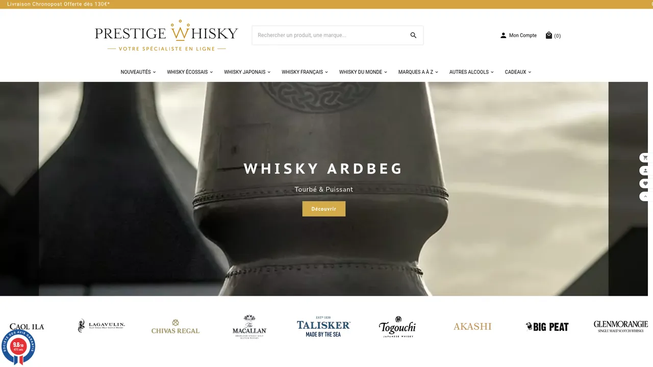 Aperçu du site Prestige Whisky : Achat whisky et Spiritueux d'exception en ligne