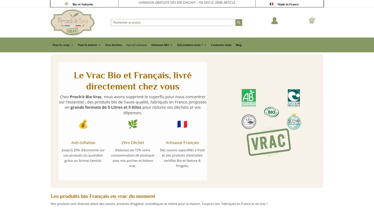Aperçu du site Proch'é Bio : produits cosmétiques