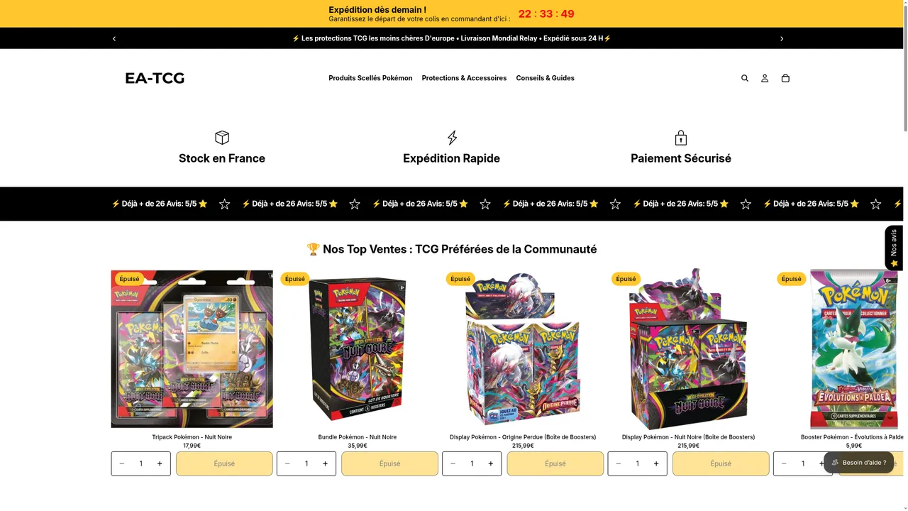 Screenshot de protections TCG à prix cassés : sleeves, toploaders, classeurs