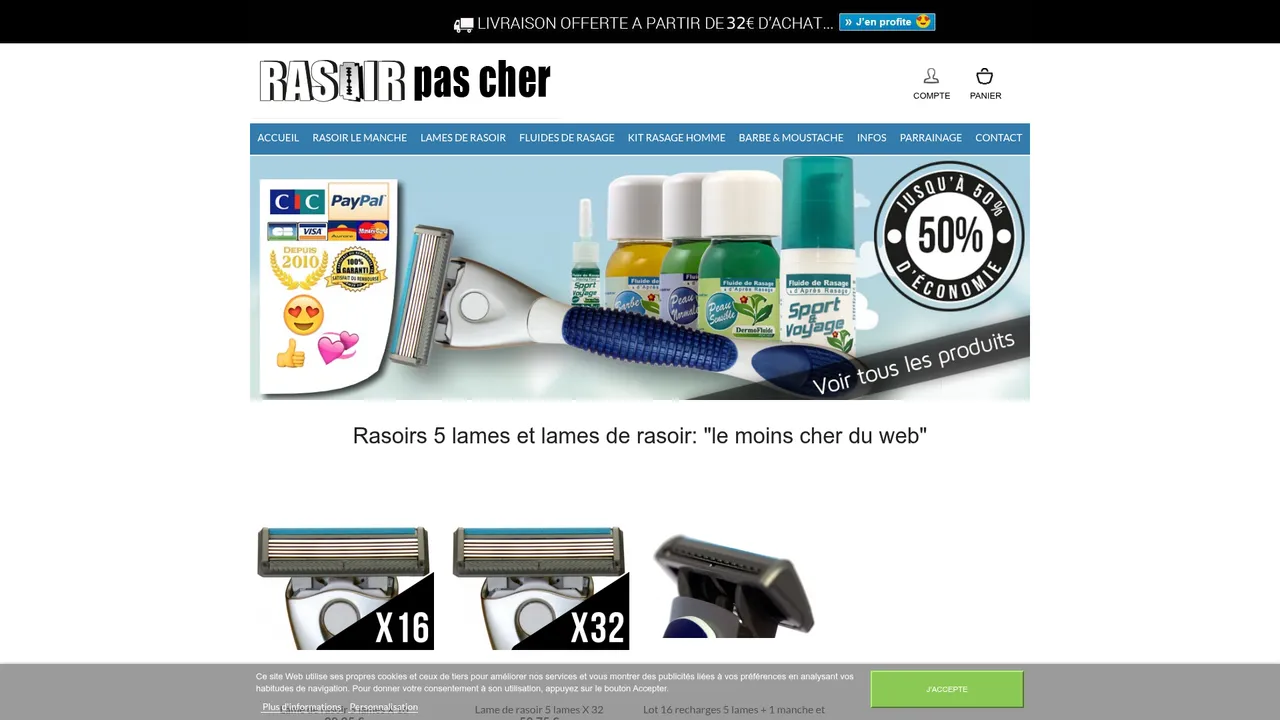 Aperçu du site RasoirPasCher, vos rasoirs et vos lames à prix imbattable