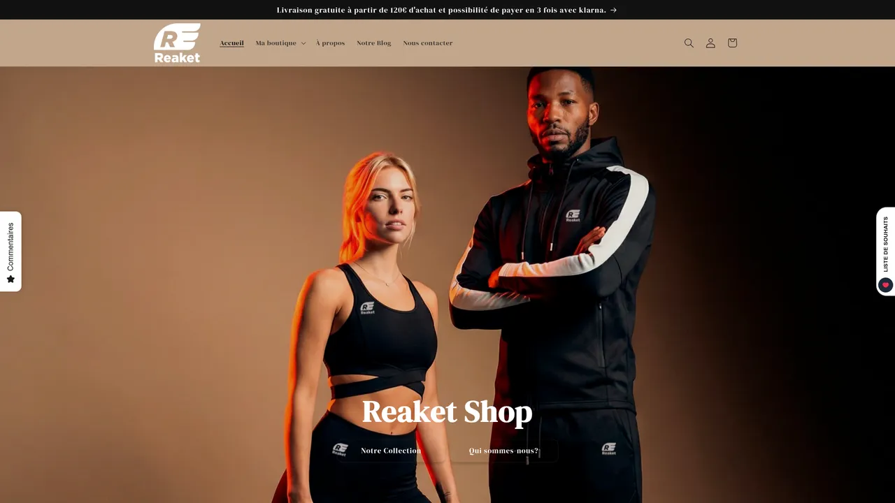 Screenshot de Reaket, une marque de vêtements de sport